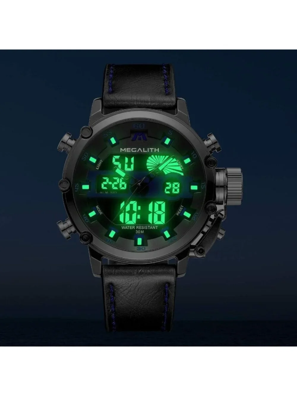 Men's Black And Blue Analog Leather Strap Waterproof Multifunction Digital Watch